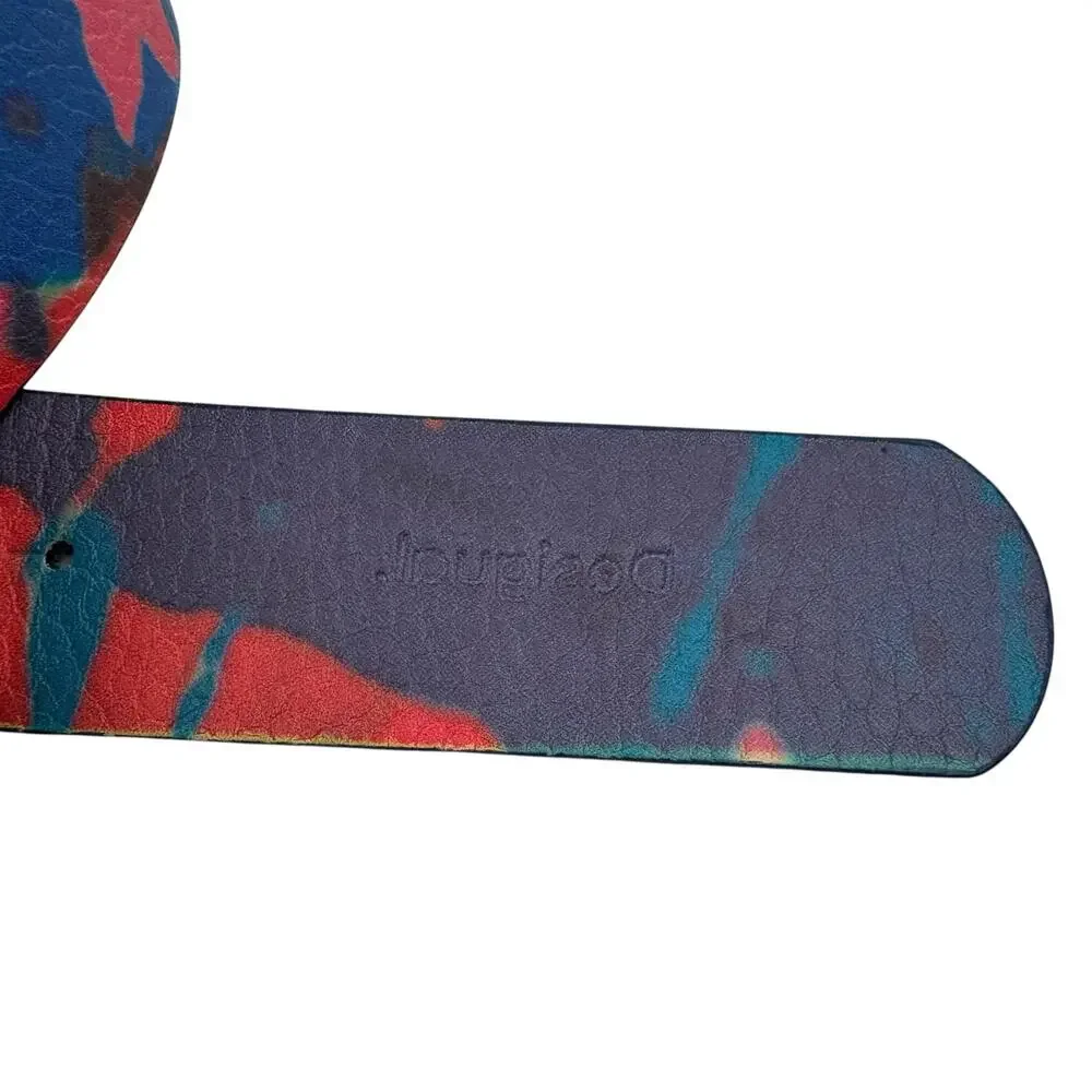 Desigual Reversible Leather Belt Colorful Unique Ornate Metal Buckle